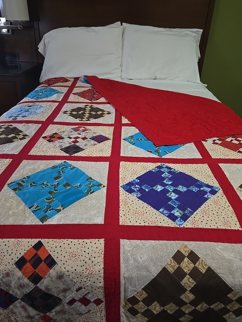 Handmade Patchwork Quilt Red Sashing Multicolor Cotton Double Bedspread Vintage